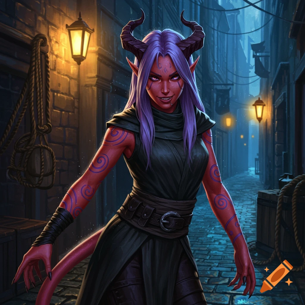 A cunning tiefling woman with purple hair, red skin, horns, and spiral tattoos grins in a dark alley at night, digital painting.