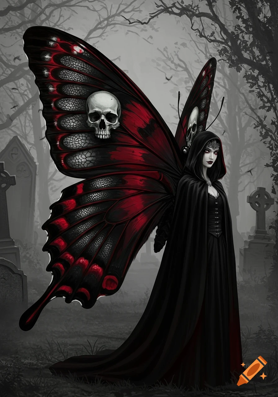 A dark stylized artwork of a gothic woman with large red and black butterfly wings adorned with skulls, standing in a misty graveyard.