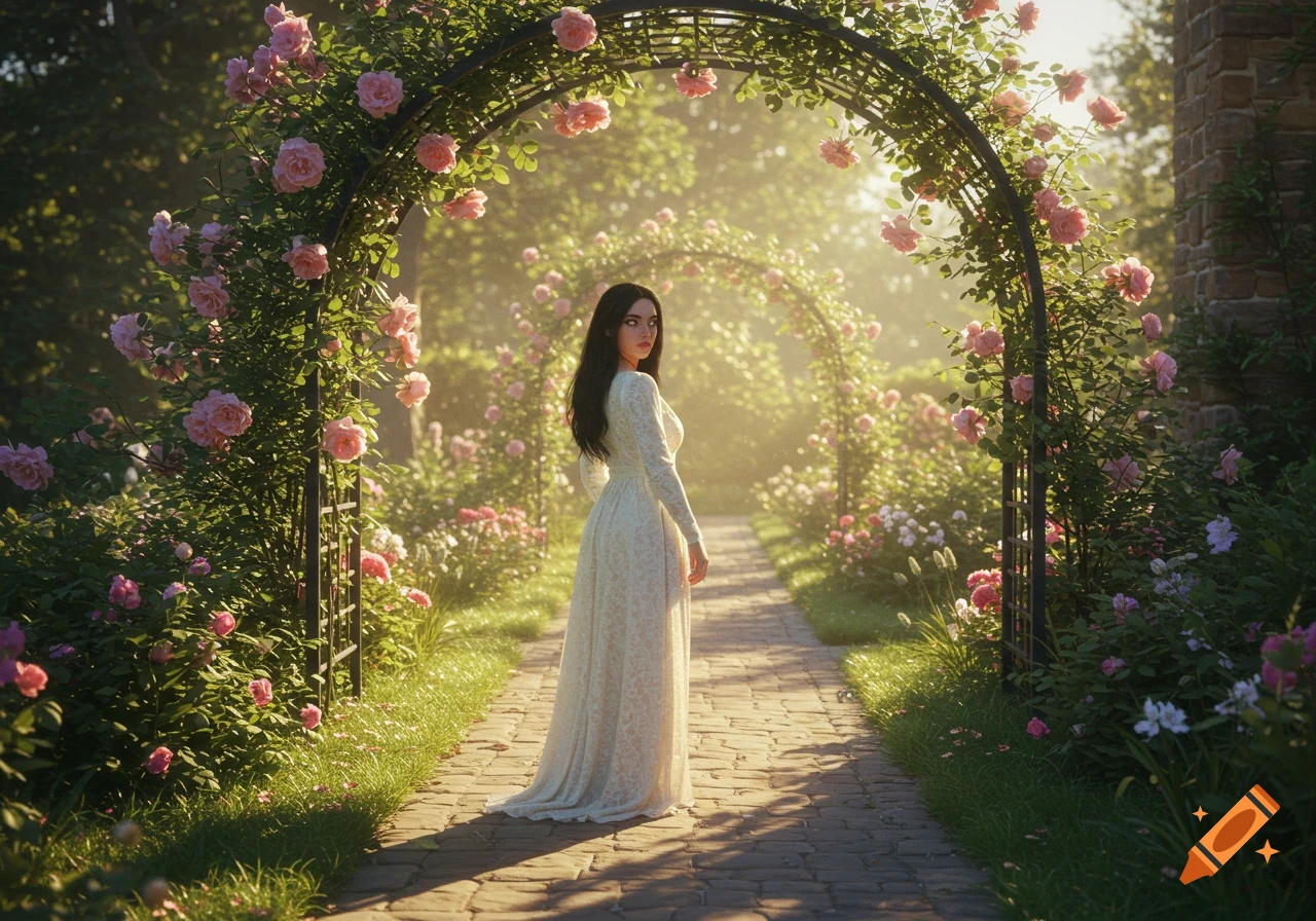 A woman in a long white dress stands on a stone path in a sunlit rose garden under archways of pink roses, looking over her shoulder.