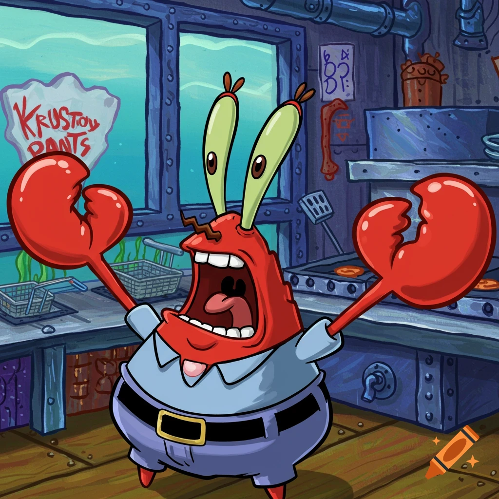 Mr. Krabs from SpongeBob SquarePants screams with his claws raised inside the Krusty Krab restaurant, which has a misspelled sign reading "KRUSTOY PANTS".