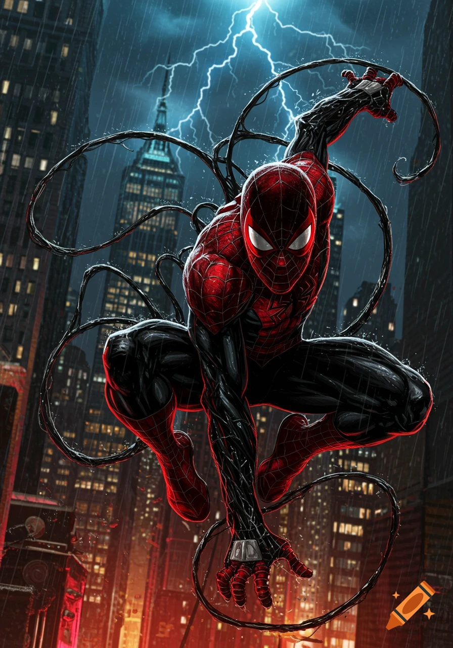 Superior Spider-Man in a red and black symbiote suit crouches in a dark, rainy city with lightning, in a comic book art style.