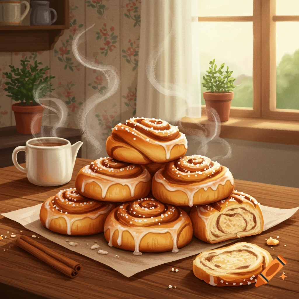 A pile of freshly baked cinnamon buns with white icing and sprinkles on a kitchen table next to a steaming cup, cinnamon sticks, and a window.