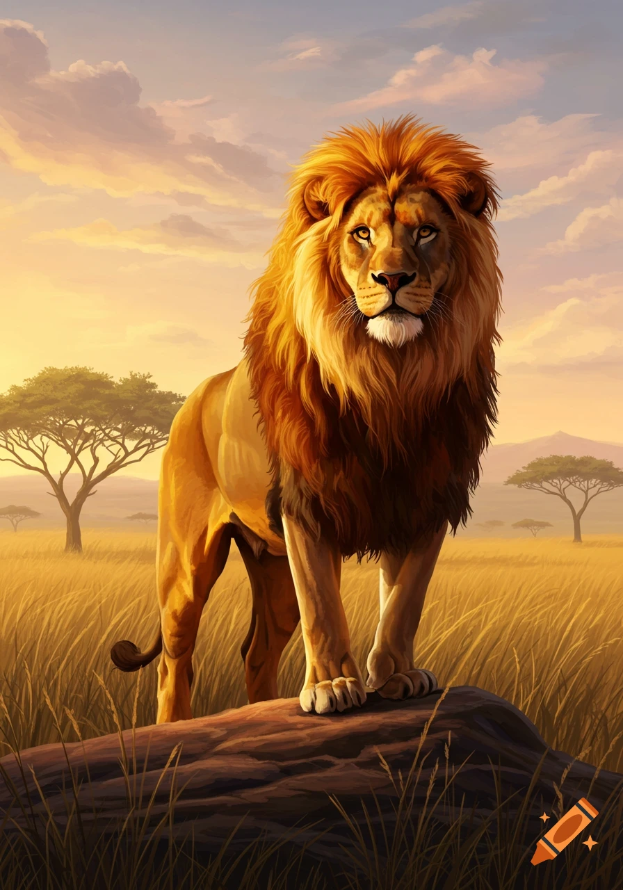 Majestic lion with a fiery mane stands on a rock in a golden savanna at sunset, digital art style.