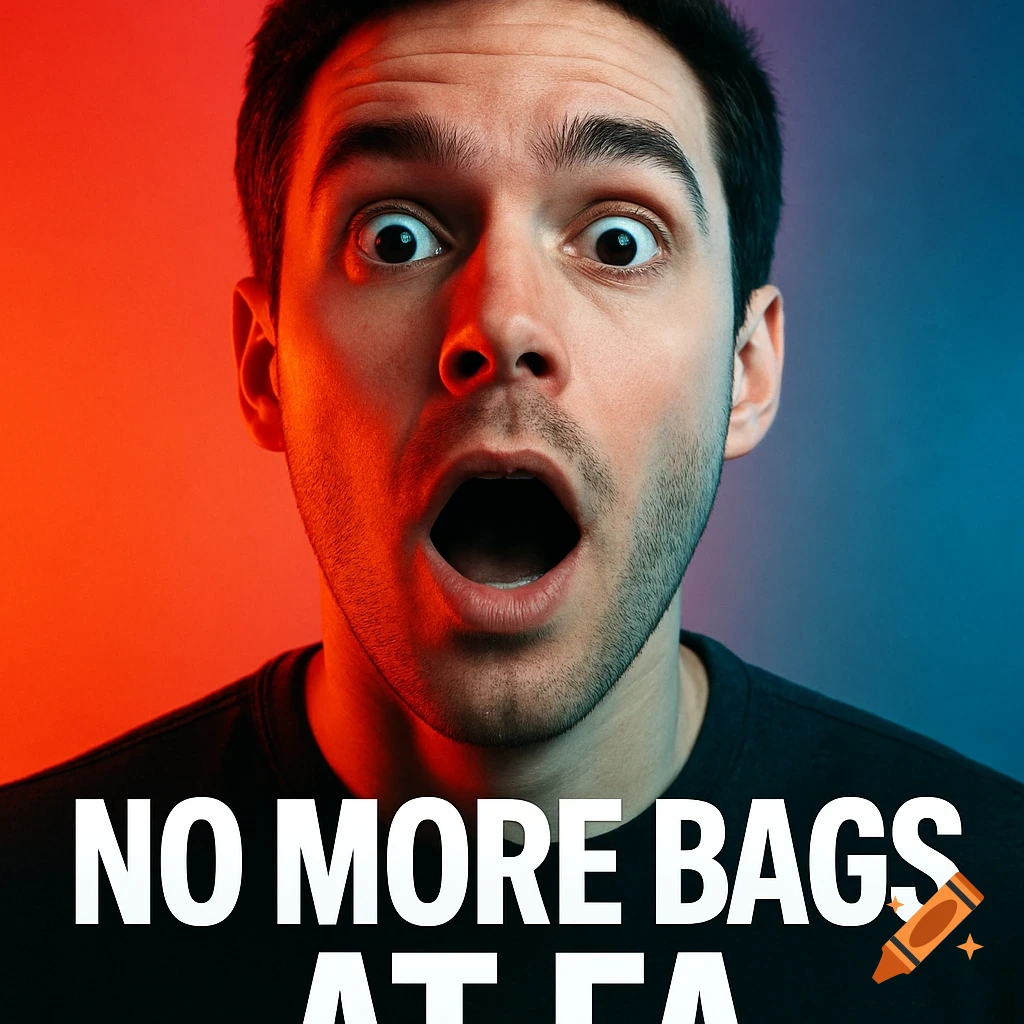 Close-up of a surprised man with wide eyes and open mouth, lit by red and blue light, with 'NO MORE BAGS AT FA' on his shirt.