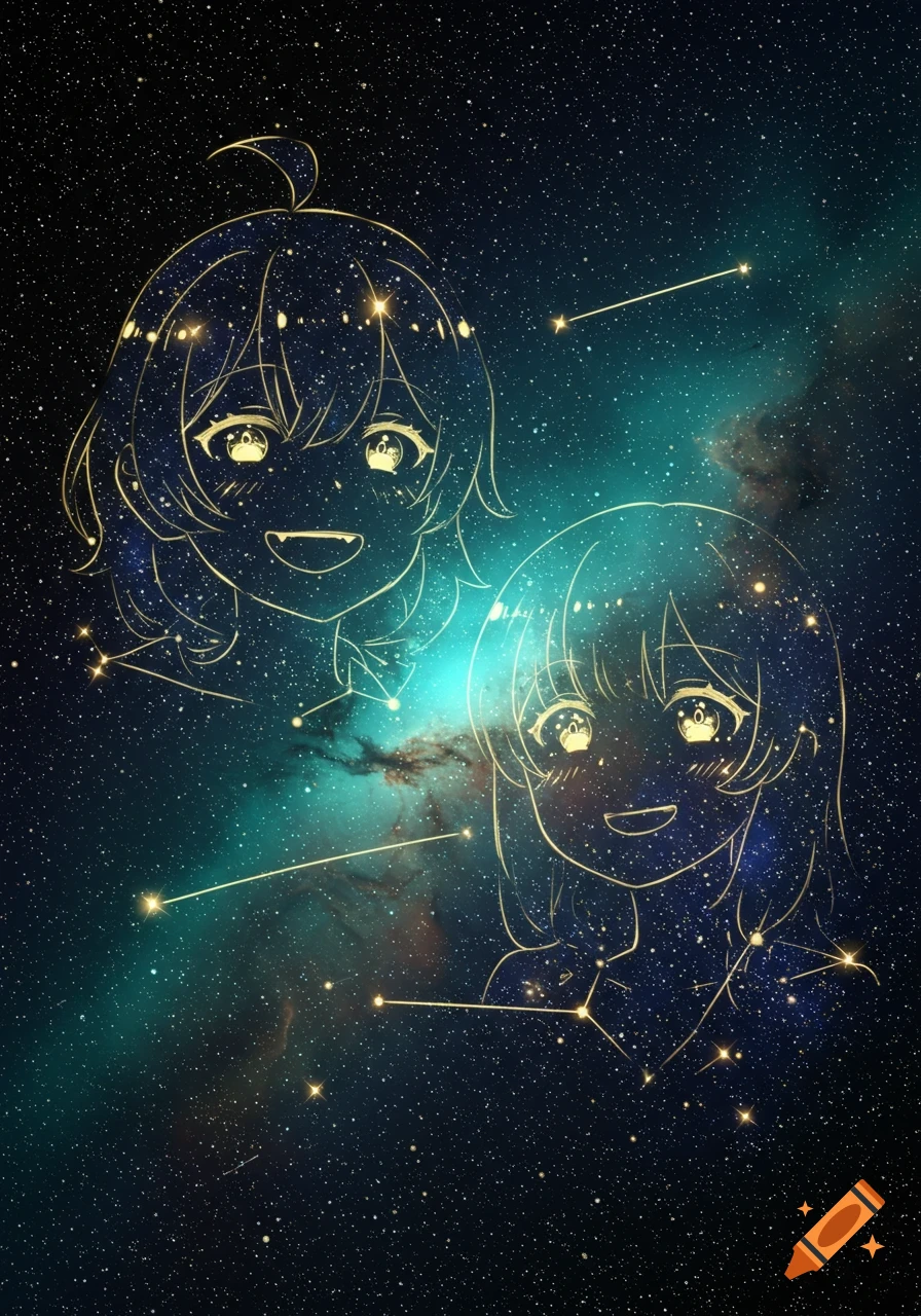 Two anime-style faces, depicted as golden constellations, smile against a vibrant blue and purple galaxy with countless stars.