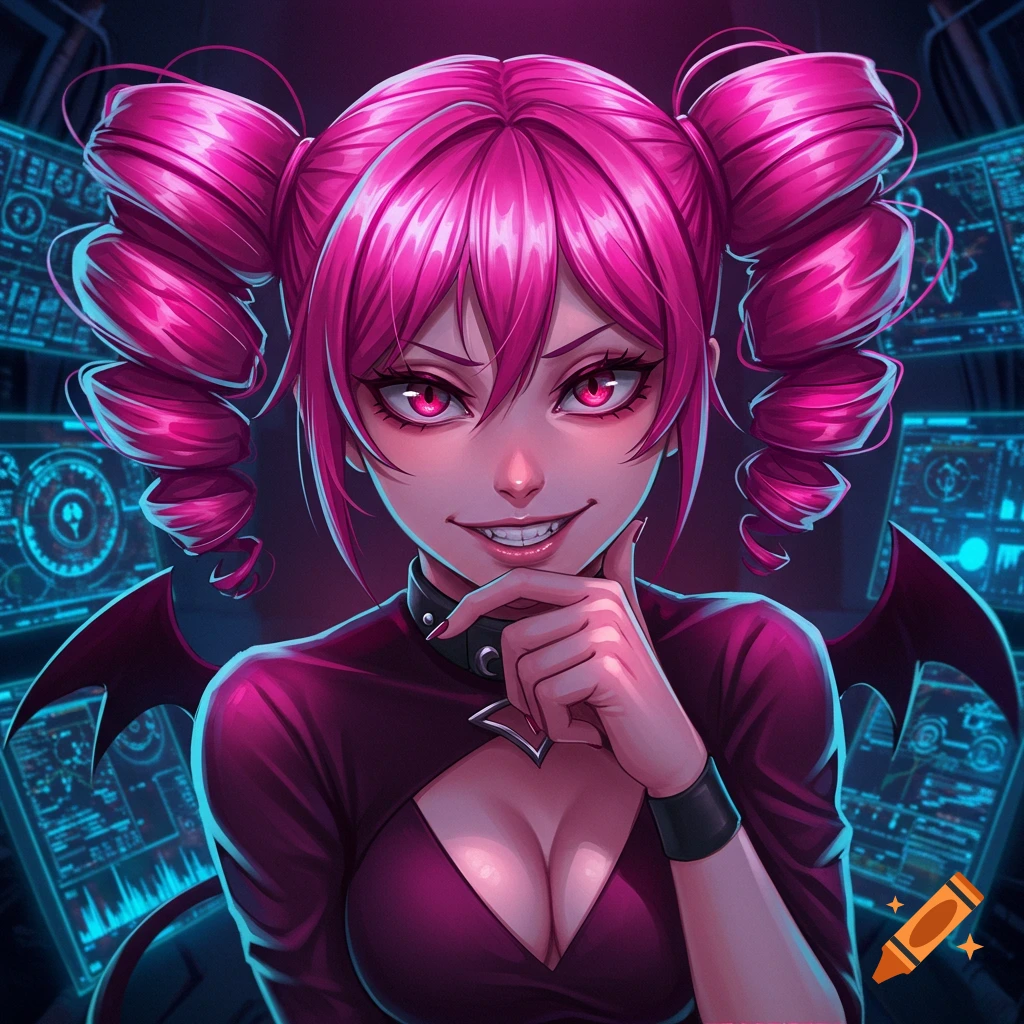 Mischievous anime girl with pink pigtails, red eyes, and small demon wings, smirking in a low-cut top, surrounded by glowing tech screens in digital art.