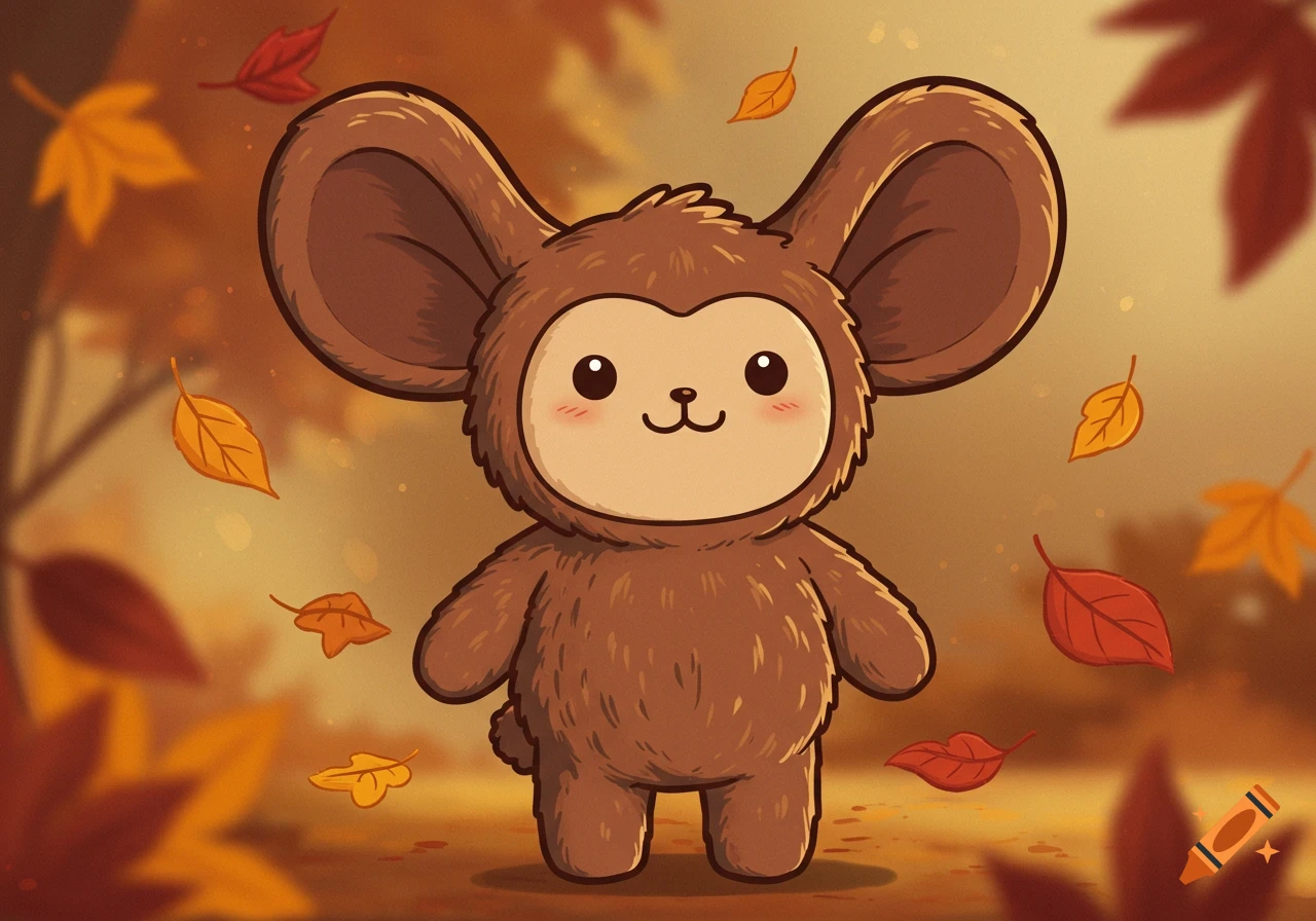 A cute brown furry cartoon character with large ears stands in an autumn setting with falling leaves.