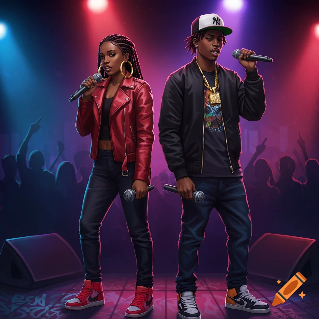Two Black performers, a woman and a man, holding microphones on a stage with a silhouetted crowd and colorful lights, dressed in hip-hop attire.