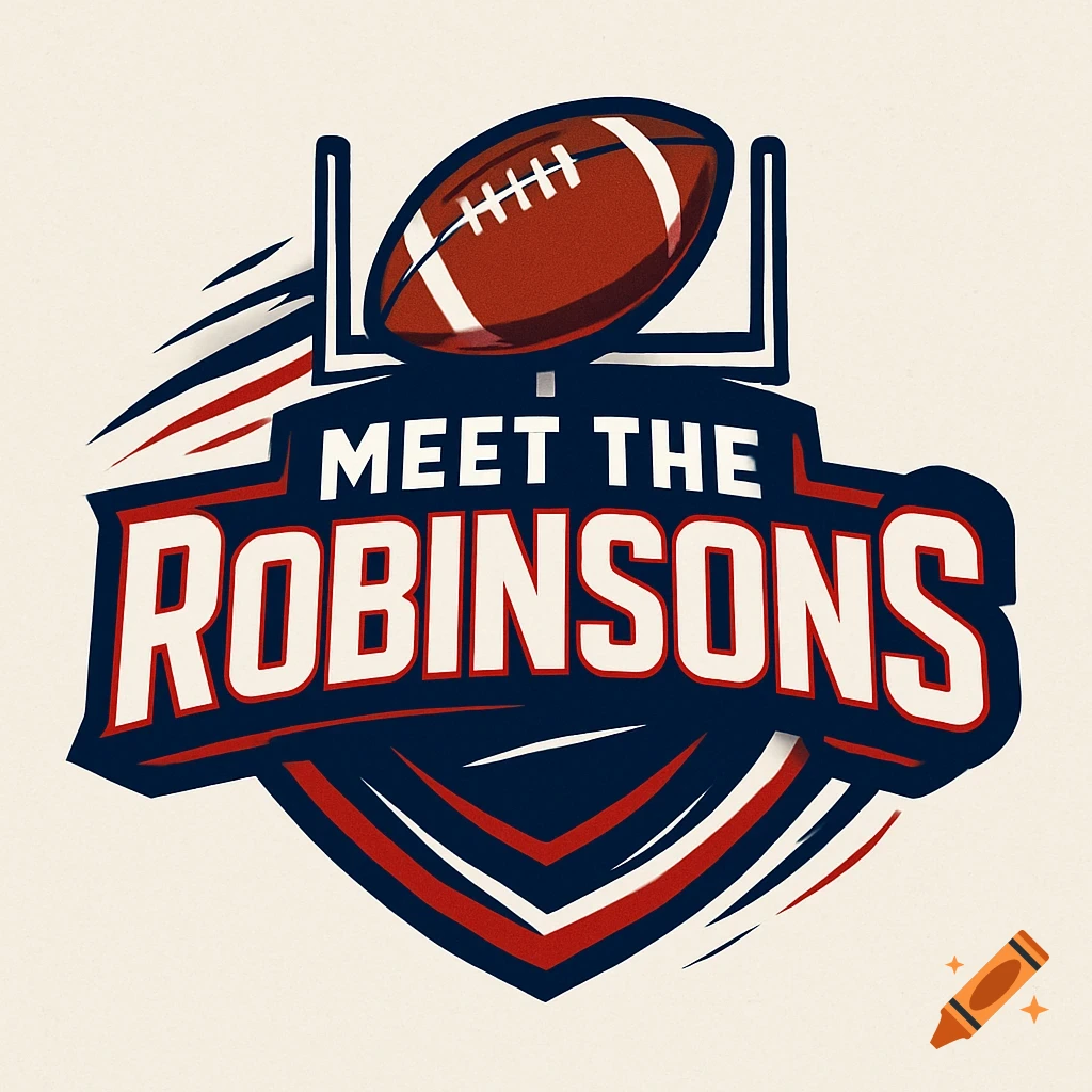A sporty logo featuring a football and goalposts above the text 'MEET THE ROBINSONS' in a red, white, and blue shield shape.