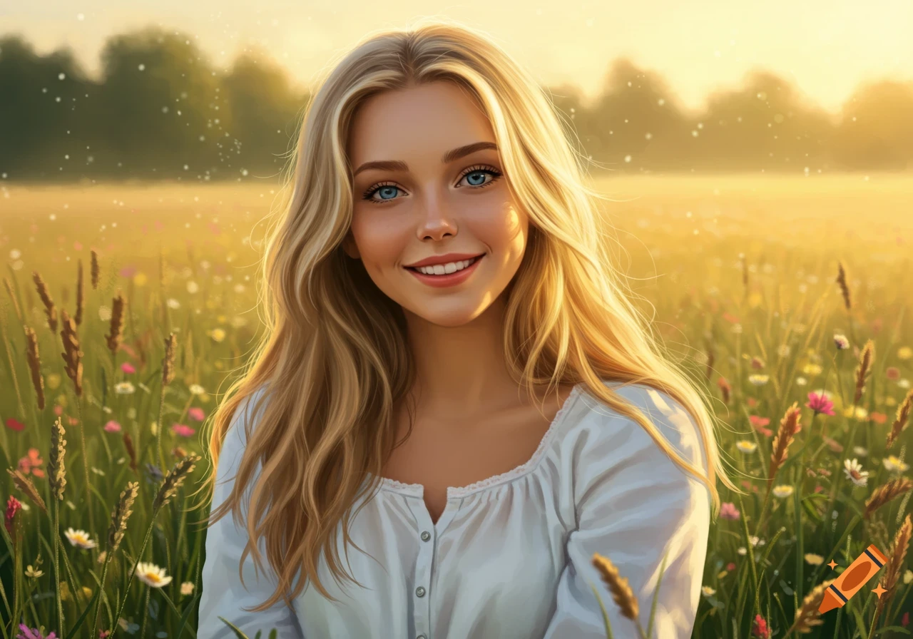 A close-up portrait of a smiling young blonde woman with blue eyes and long wavy hair, in a sunlit field with wildflowers.