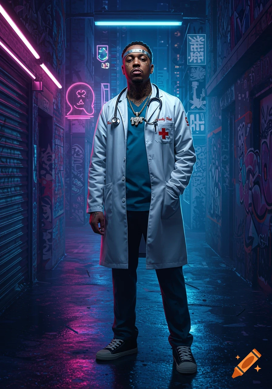 A stylish man dressed as a doctor with a stethoscope and gold chain stands in a neon-lit, graffiti-covered urban alley.
