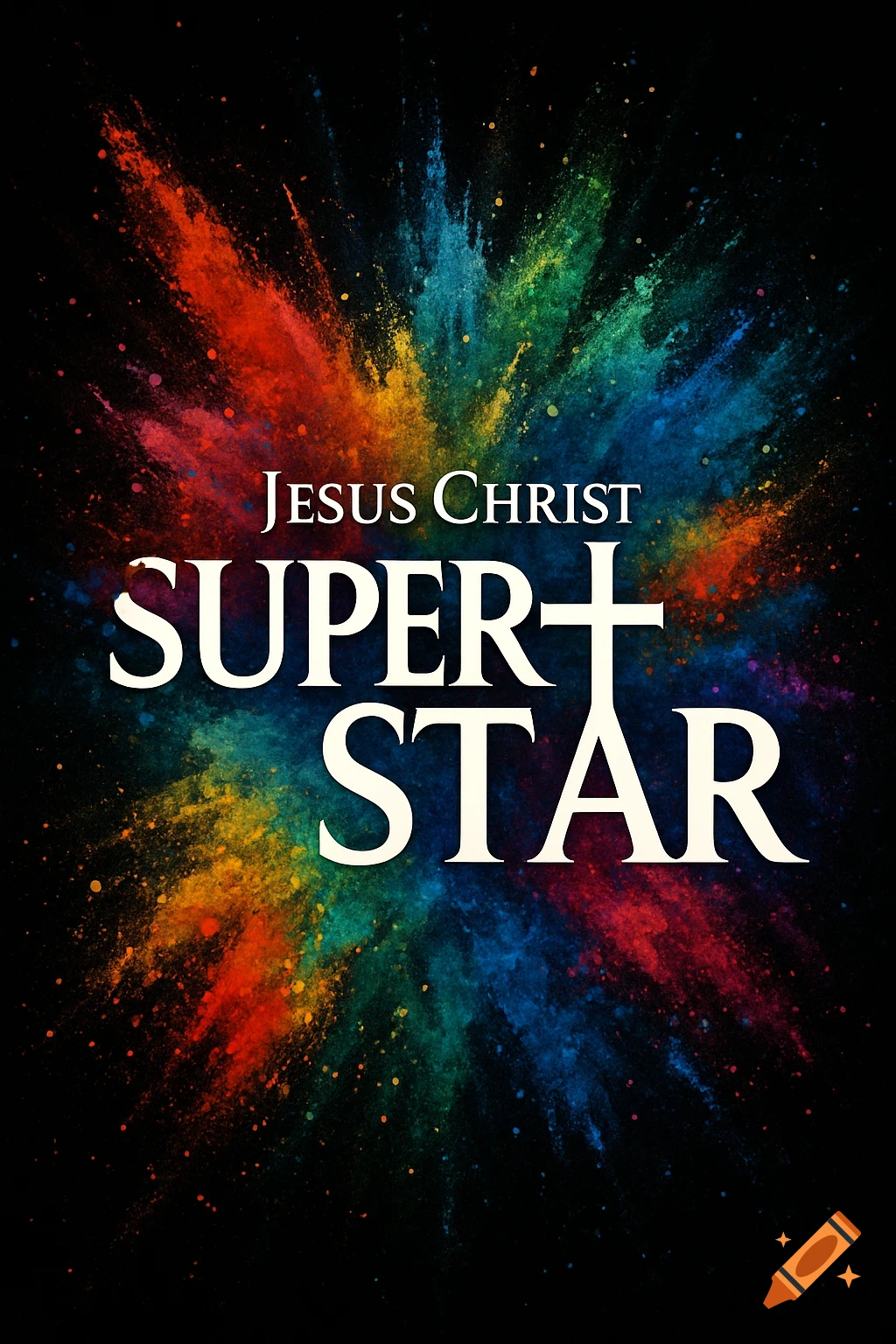 White bold text 'Jesus Christ SUPERSTAR' with a cross formed by the P and T, centered on a vibrant, colorful powder paint splatter on a black background.
