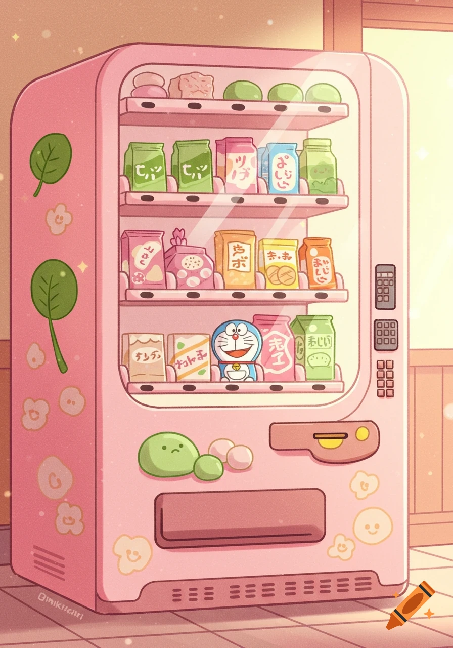 Cute pink cartoon vending machine with various snacks, including a Doraemon figure, mochi, and items with matcha leaves.