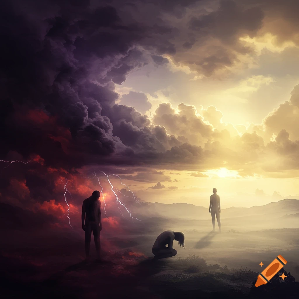 Dramatic landscape split between a stormy, dark sky with lightning and a bright, sunlit sky, with three silhouetted figures.
