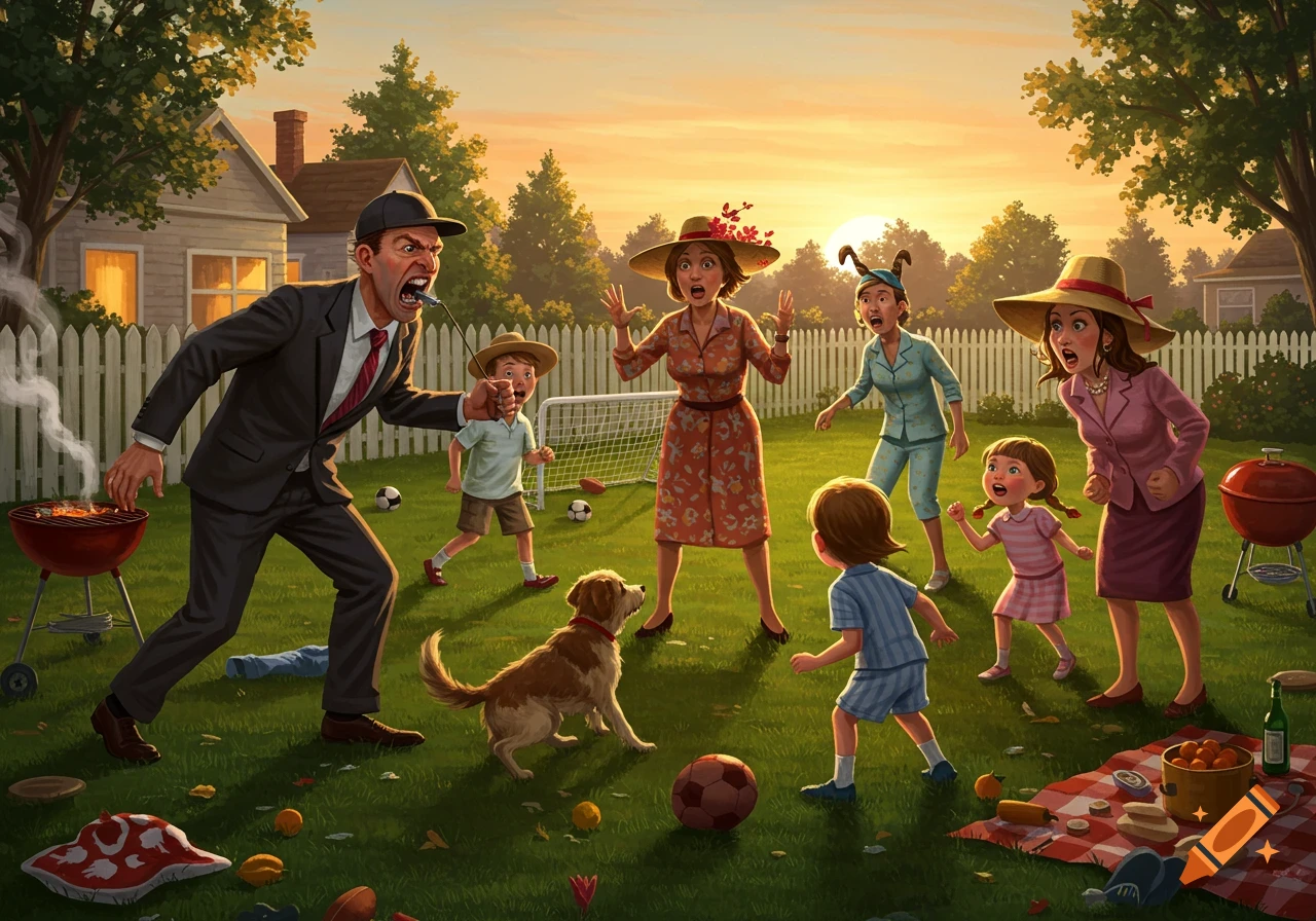 An illustration of a chaotic family backyard football game at sunset, with a man blowing a whistle at screaming family members and a dog.