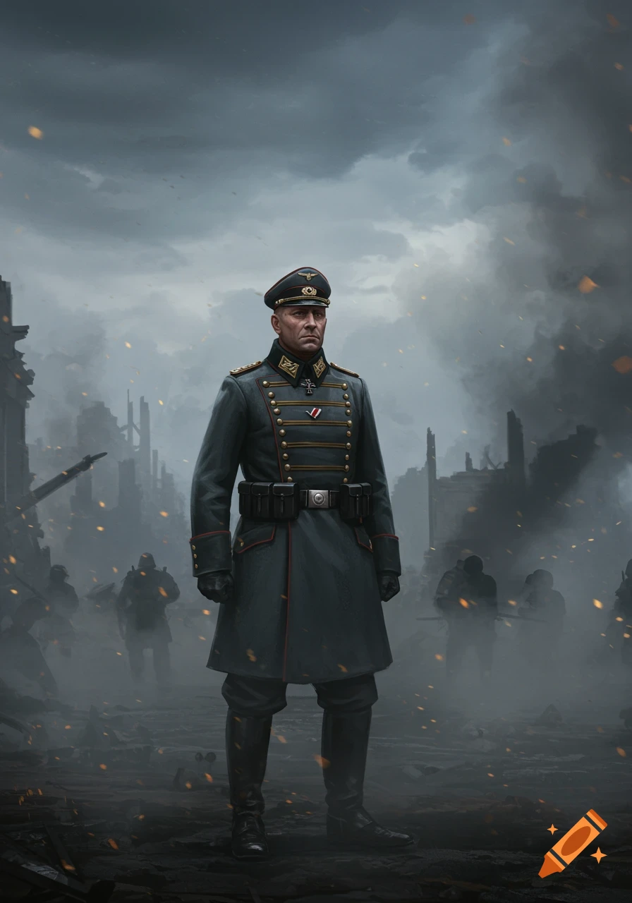 A realistic, dark portrait of a solemn military officer in a long grey uniform coat and cap, standing amidst a smoky, war-torn cityscape.