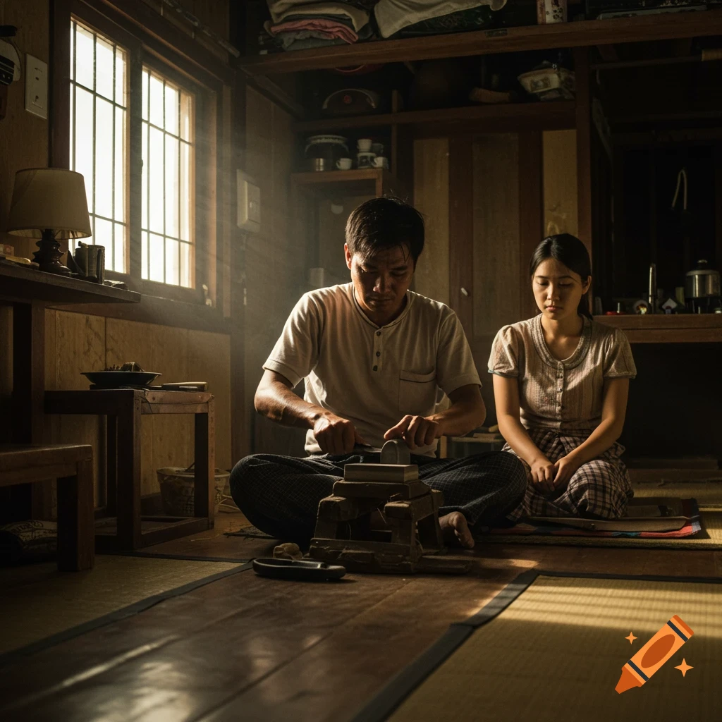 A man sharpens a tool on the floor while a woman sits next to him in a rustic, sunlit room, photorealistic style.
