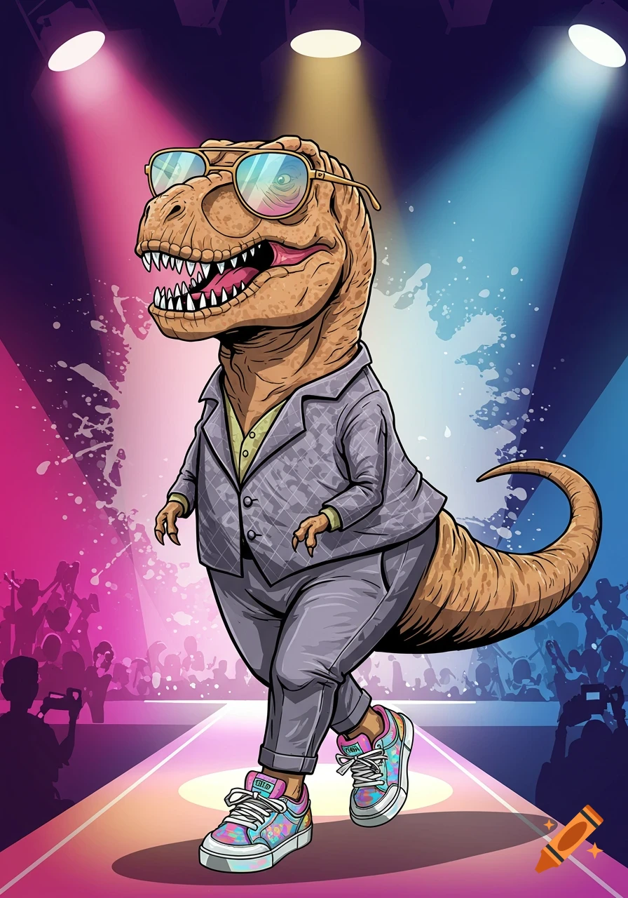 A cartoon T-Rex in a suit, sunglasses, and colorful sneakers walks on a runway under bright lights, in a vibrant, detailed style.