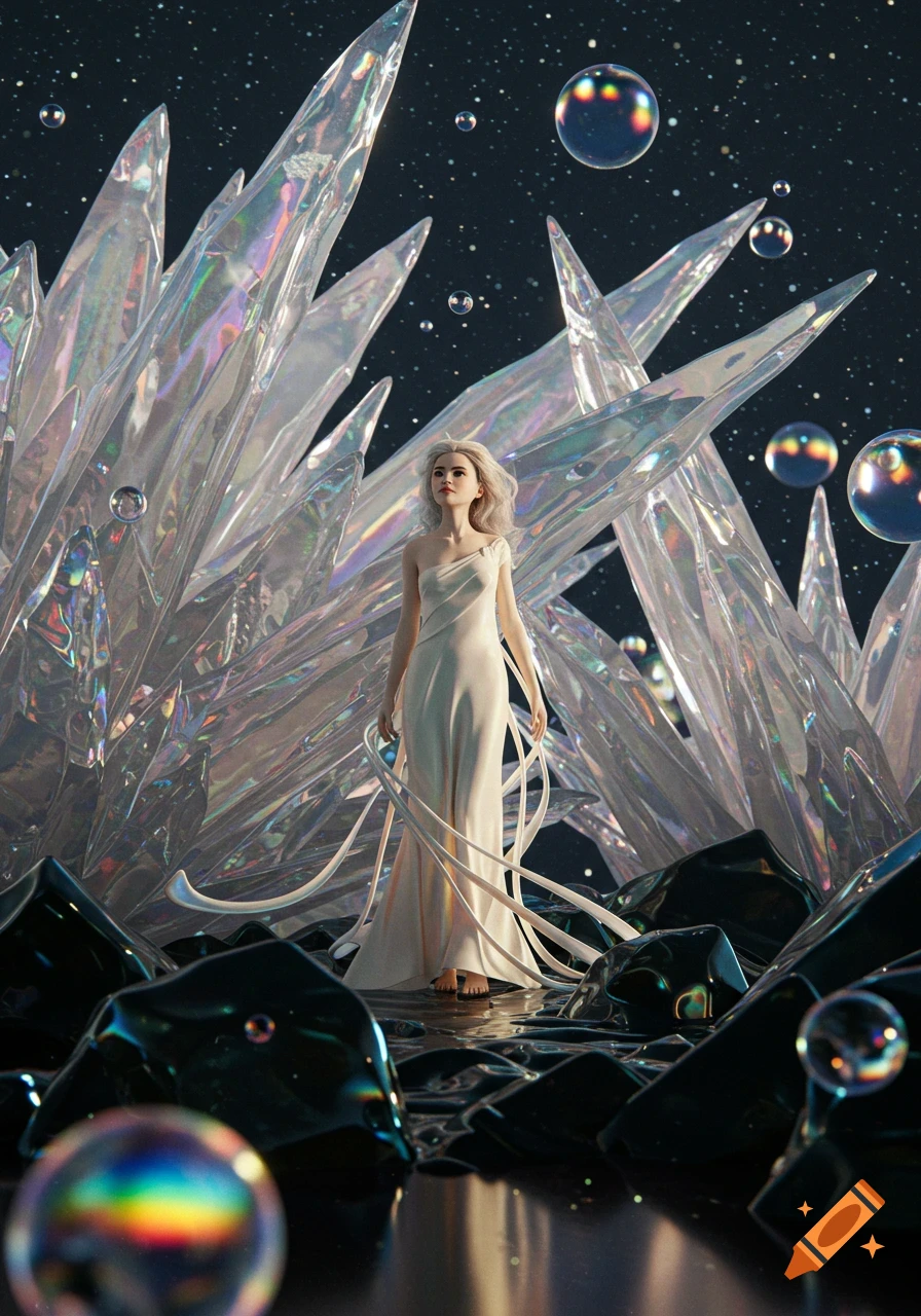 A woman in a white gown stands amidst large iridescent crystals and floating bubbles in a dark, starry, surreal landscape.