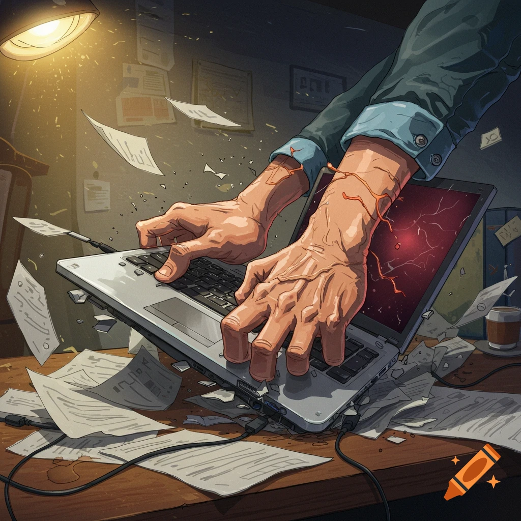 Stylized illustration of large hands roughly handling a laptop, with a cracked red screen and veins extending onto the arms, on a cluttered desk under a lamp.