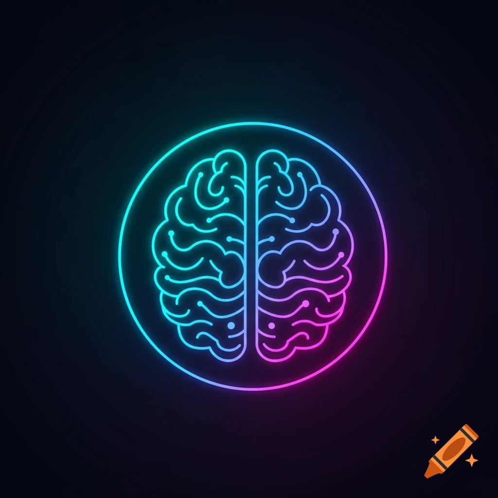 A glowing, minimalist, abstract brain icon with a cyan and magenta gradient, set against a dark background, in a futuristic style.