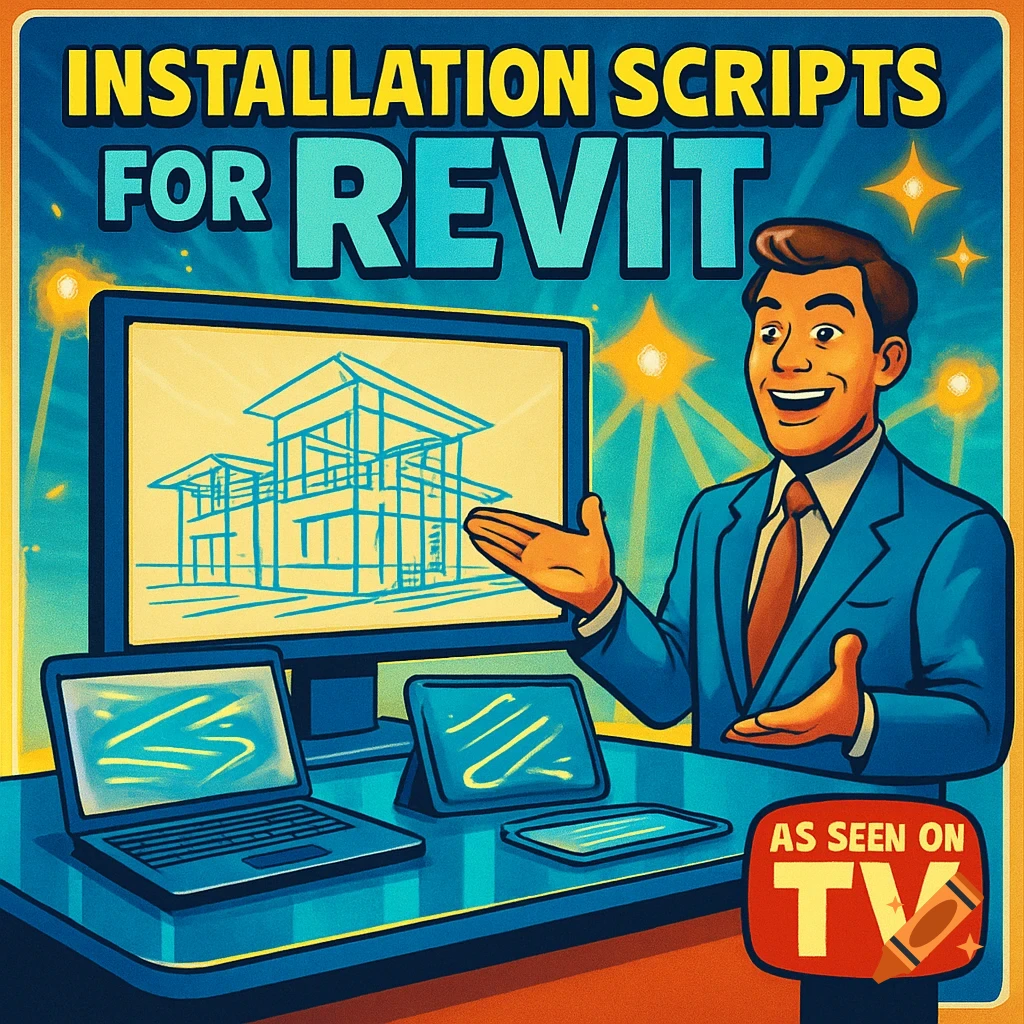 Retro cartoon of a man presenting 'Installation Scripts for Revit' on a computer screen, with other tech devices on a desk, in an 'As Seen on TV' style.