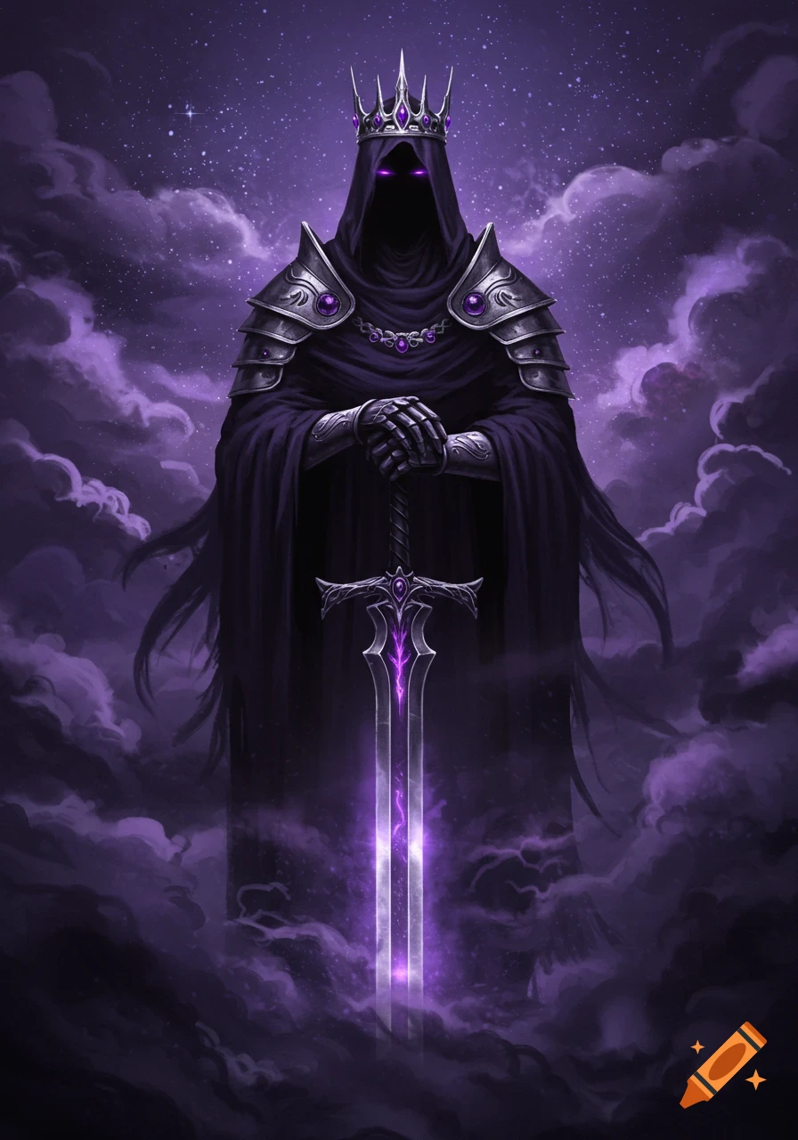 A dark, hooded king with glowing purple eyes and a crown holds a glowing purple sword amidst a swirling purple, star-filled sky.