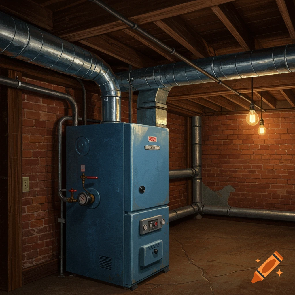 A blue 1950s forced air gas furnace with ductwork in a brick-walled basement, lit by exposed bulbs.