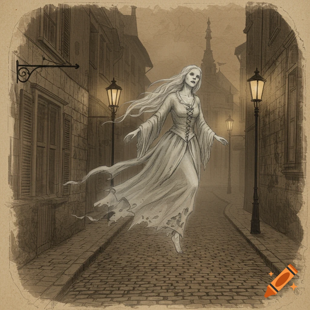Sepia-toned sketch of a ghostly woman in a flowing dress floating down a vintage cobblestone street.