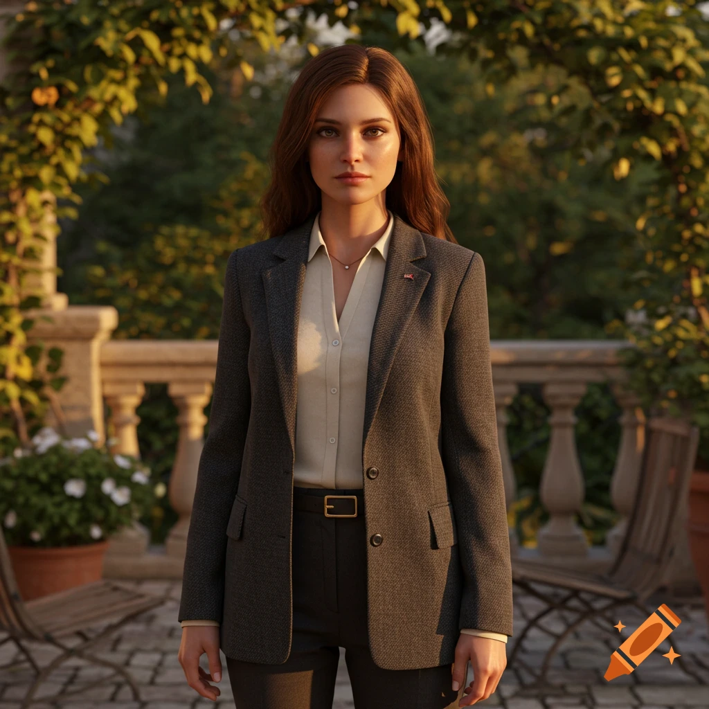 Photorealistic portrait of a woman with long brown hair, wearing a grey blazer and cream shirt, standing in a sunlit garden.