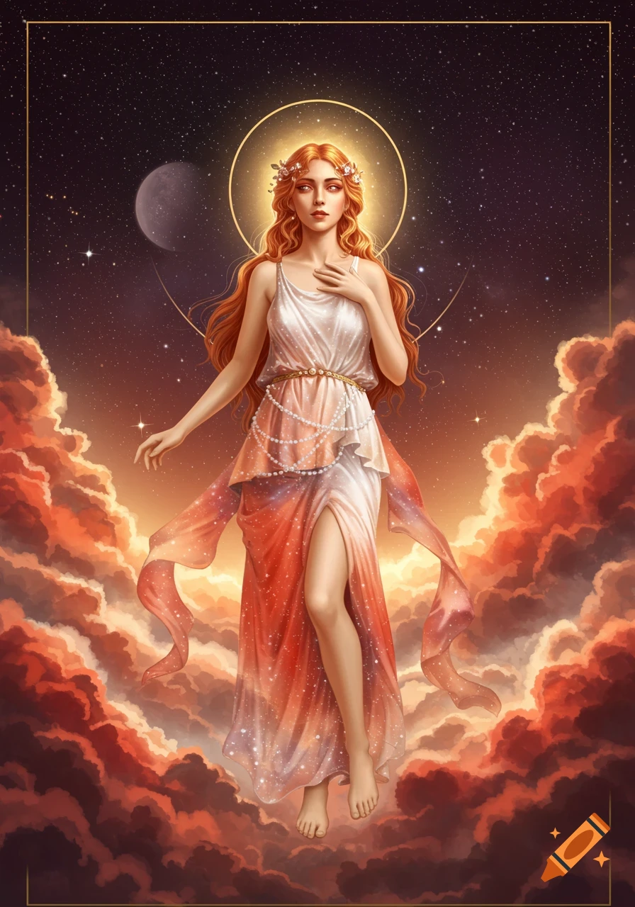 A goddess-like woman with red hair and a halo floats in a starry celestial sky surrounded by orange clouds.