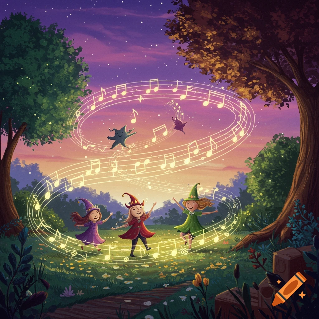 Illustration of three young witches dancing happily in a magical forest at sunset, surrounded by glowing musical notes.