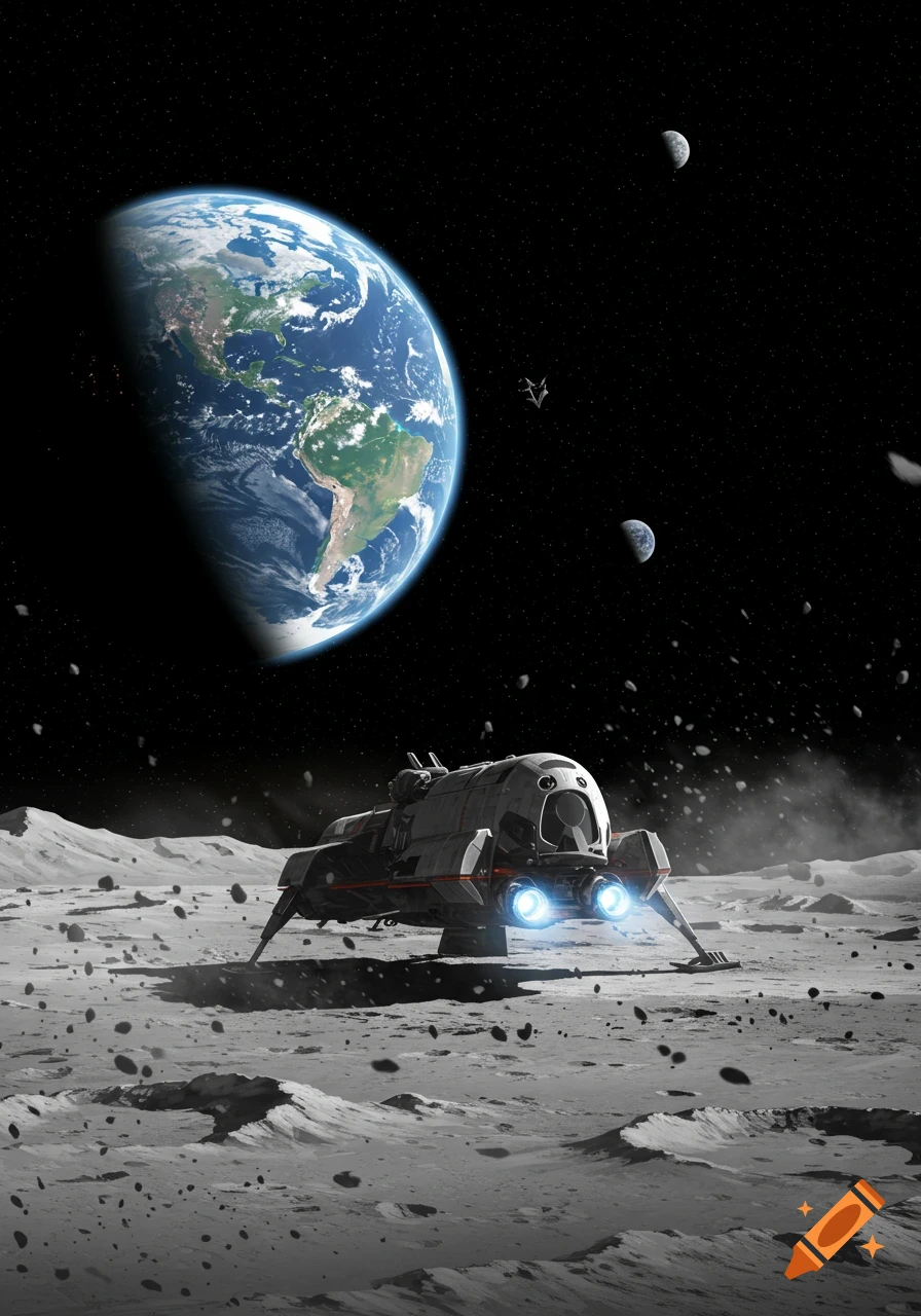 A spacecraft lands on a rocky moon surface, with a vibrant Earth and smaller moons visible in the dark, starry sky.