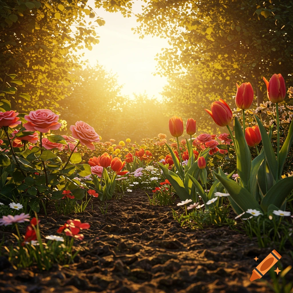 A vibrant garden path lined with pink roses, red tulips, and white daisies, illuminated by golden sunlight filtering through overhead trees.