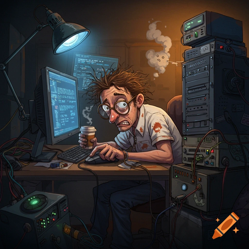 A humorous cartoon of a stressed, disheveled IT technician at a cluttered desk with computers and server racks, holding coffee.