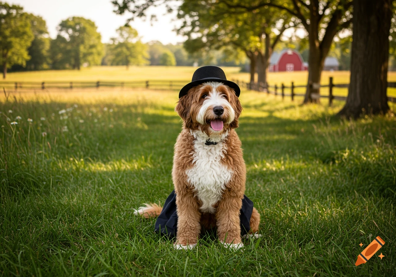 A fluffy Bernedoodle dog wearing a black hat sits in a sunny green field with a red barn in the background, photorealistic style.