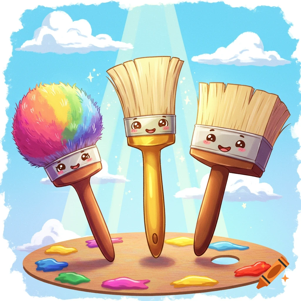 Three cute, smiling cartoon paint brushes with a rainbow brush and a paint palette under a sunny sky.