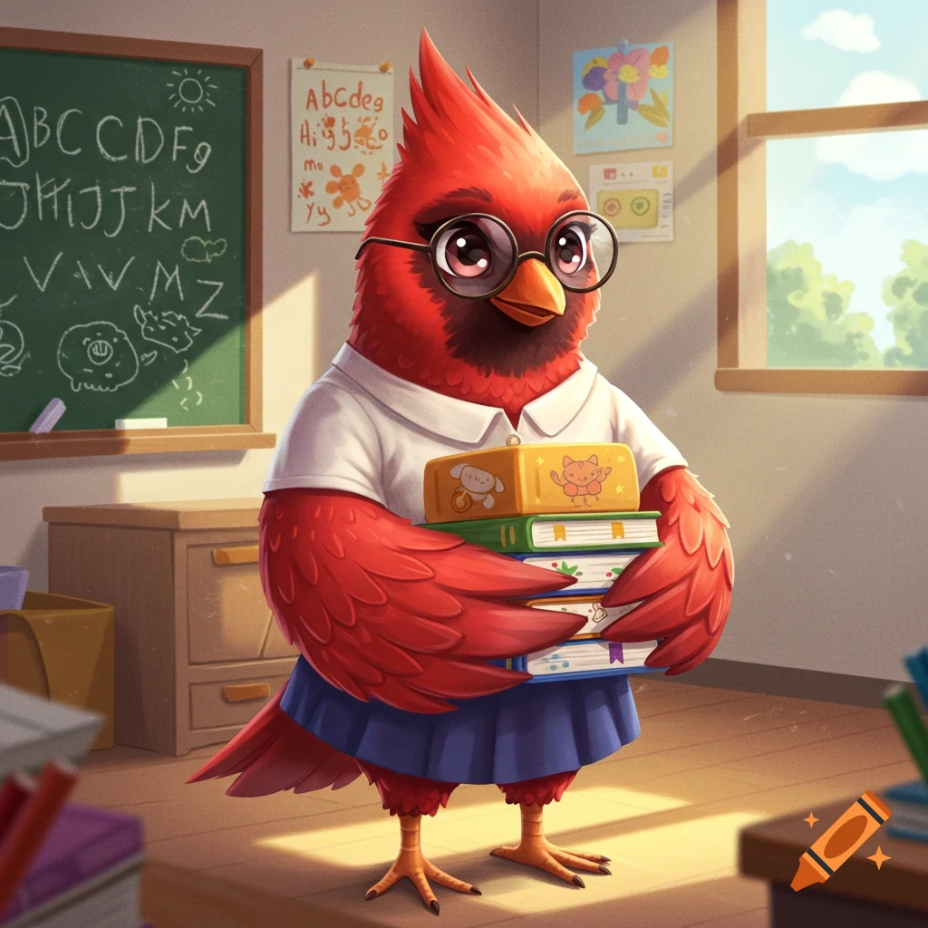 A cute cartoon red cardinal wearing glasses, a white shirt, and a blue skirt, holding a stack of books in a sunlit classroom.