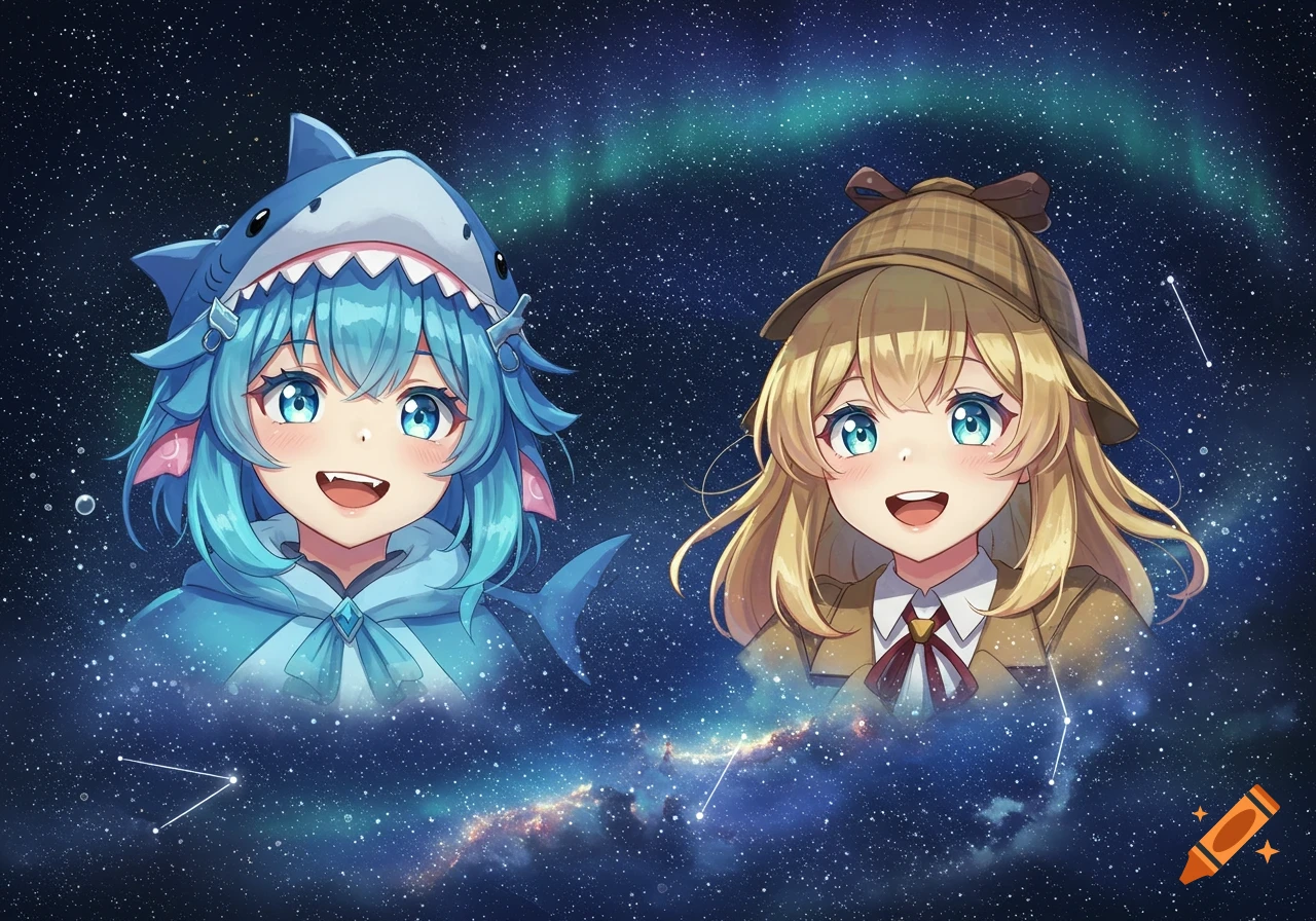 Smiling anime girls Gawr Gura and Amelia Watson as busts in a starry night sky with a green aurora.