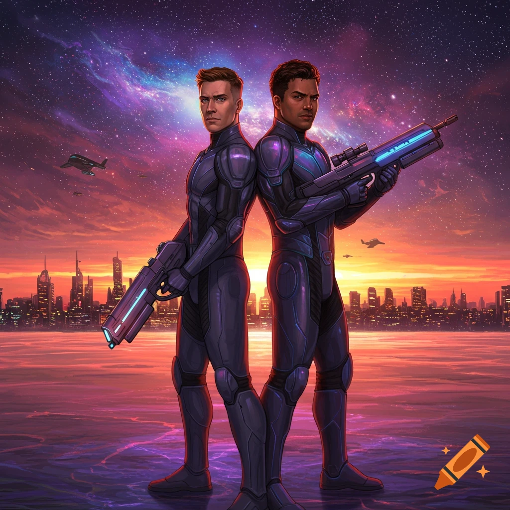 Two men in futuristic suits stand back-to-back with sci-fi rifles against a cosmic cityscape sunset.
