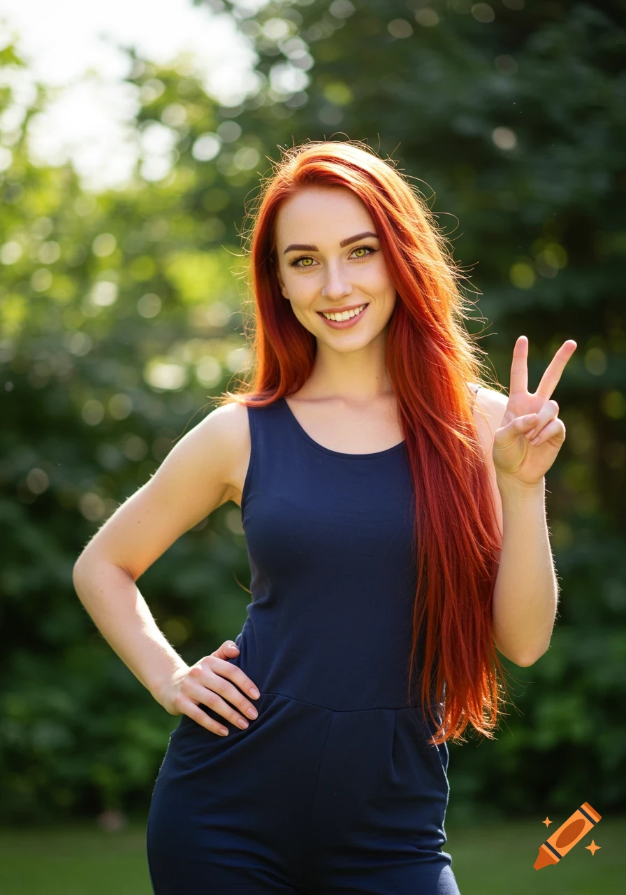 Smiling young woman with long red hair, yellow eyes, wearing a dark blue jumpsuit, giving a peace sign outdoors.