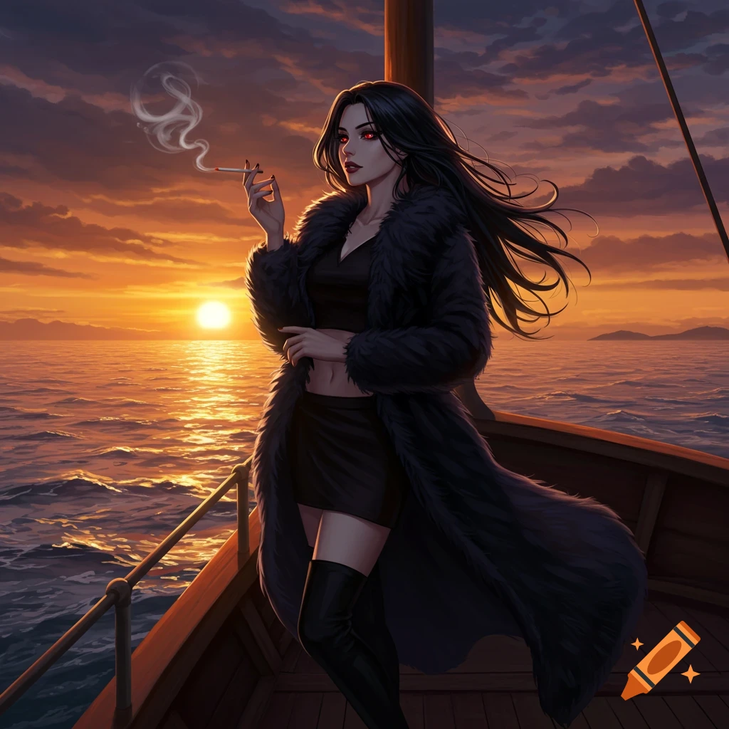 Anime woman with red eyes and black hair, in a fur coat, smoking on a ship at sunset over the ocean.