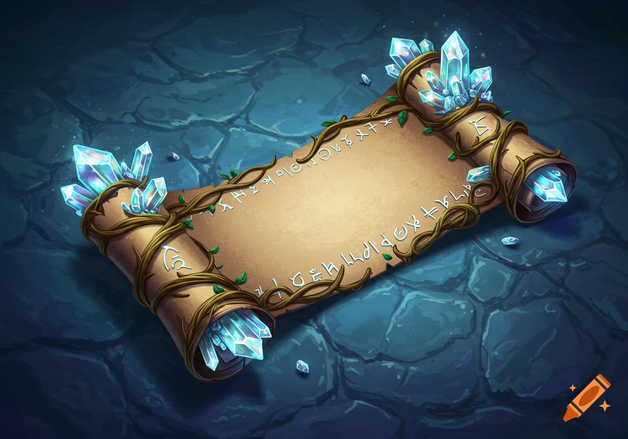 Decorative fantasy scroll adorned with glowing blue crystals and leafy vines, resting on a stone surface.