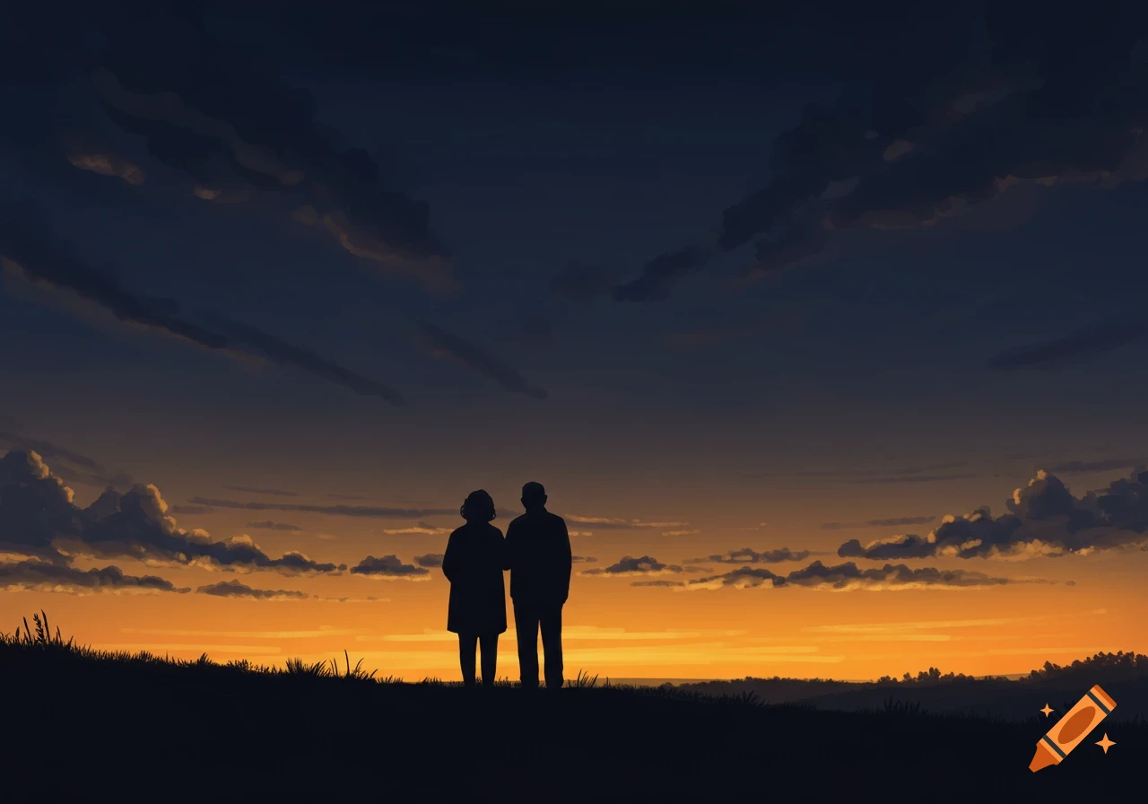 An illustration of an older couple silhouetted against a vibrant orange and purple sunset sky over a rolling landscape.