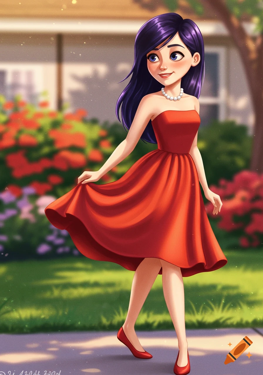 Cartoon Violet from The Incredibles in a red strapless sundress, pearl necklace, and red flats, walking in a sunny garden.