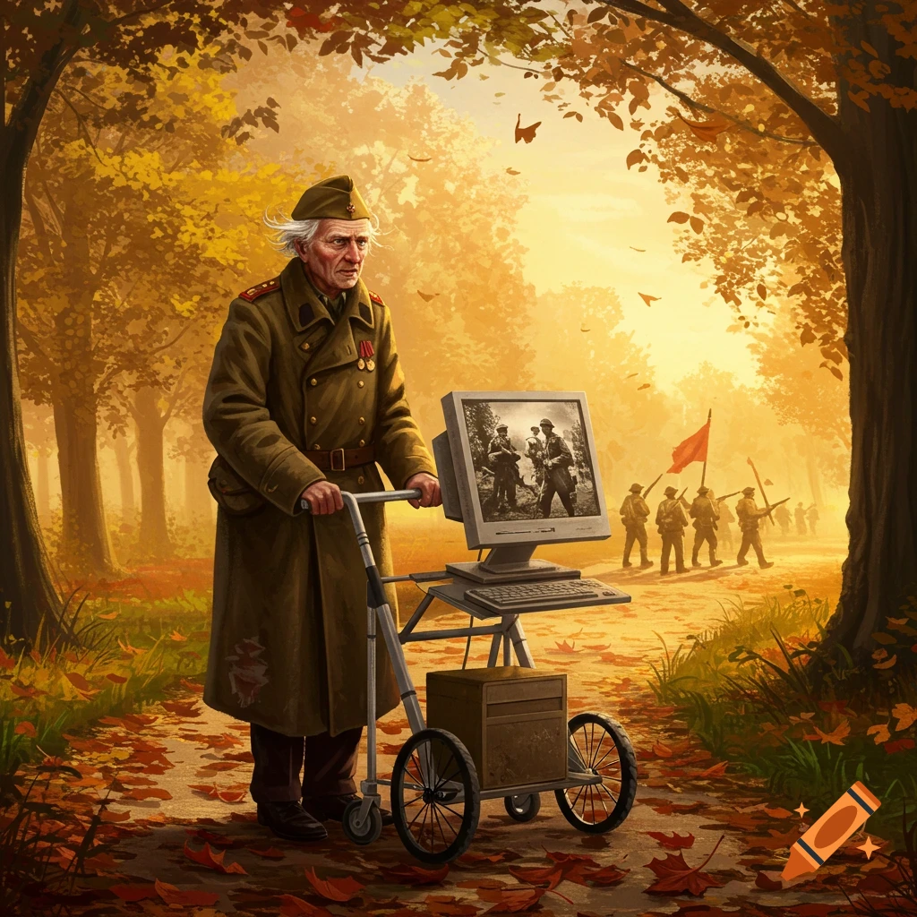 Old man in military uniform pushes a computer on a wheeled cart through an autumn forest, screen showing a war scene.