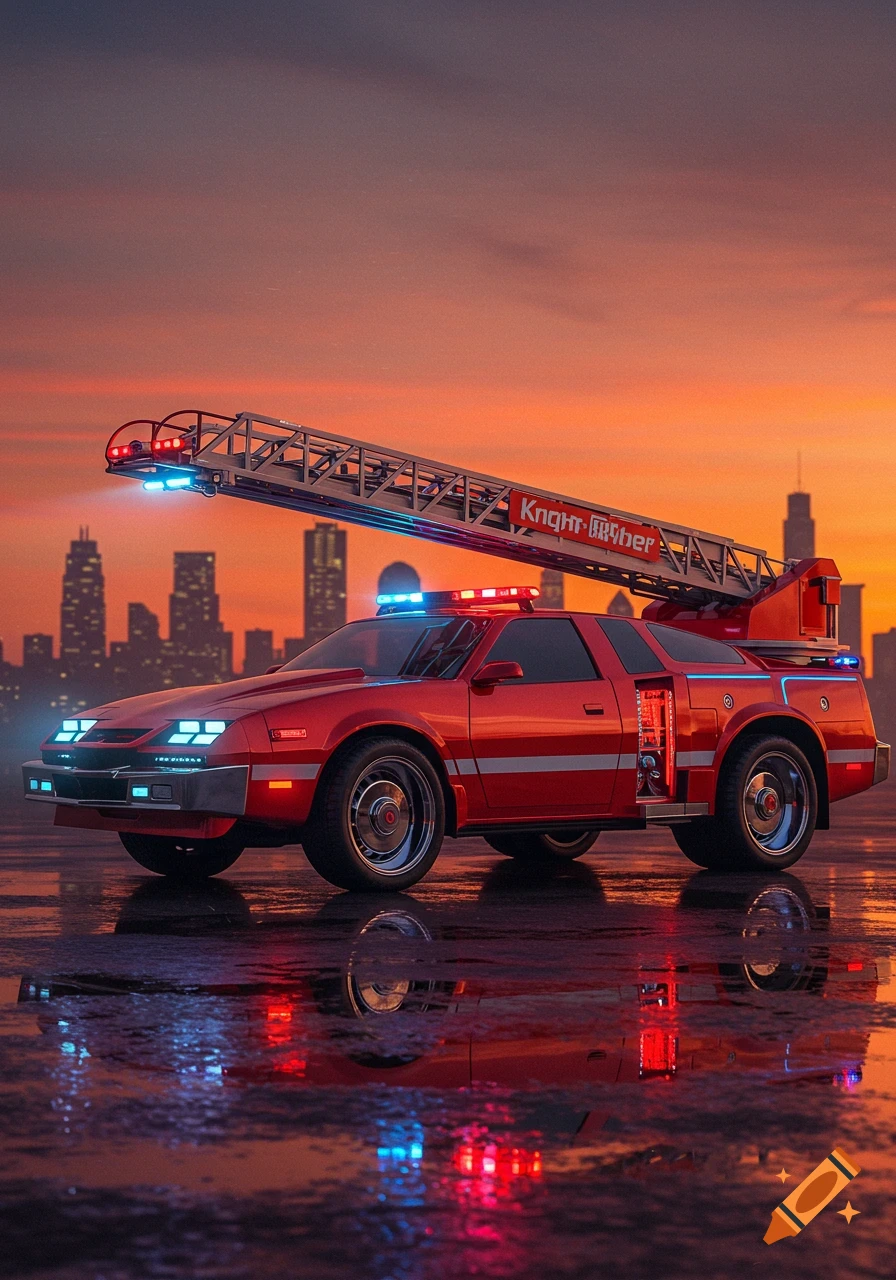 A red futuristic Knight Rider-style fire truck with a ladder and flashing lights, parked on a wet surface with reflections of a city skyline at sunset.