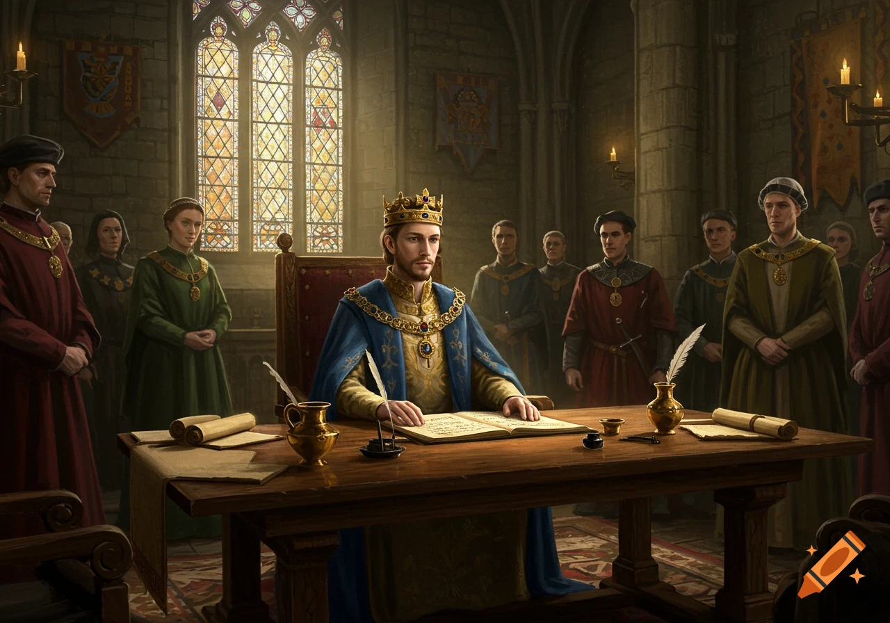 A king in a blue and gold robe and crown signs a document with a quill at a table, surrounded by advisors in a grand hall.