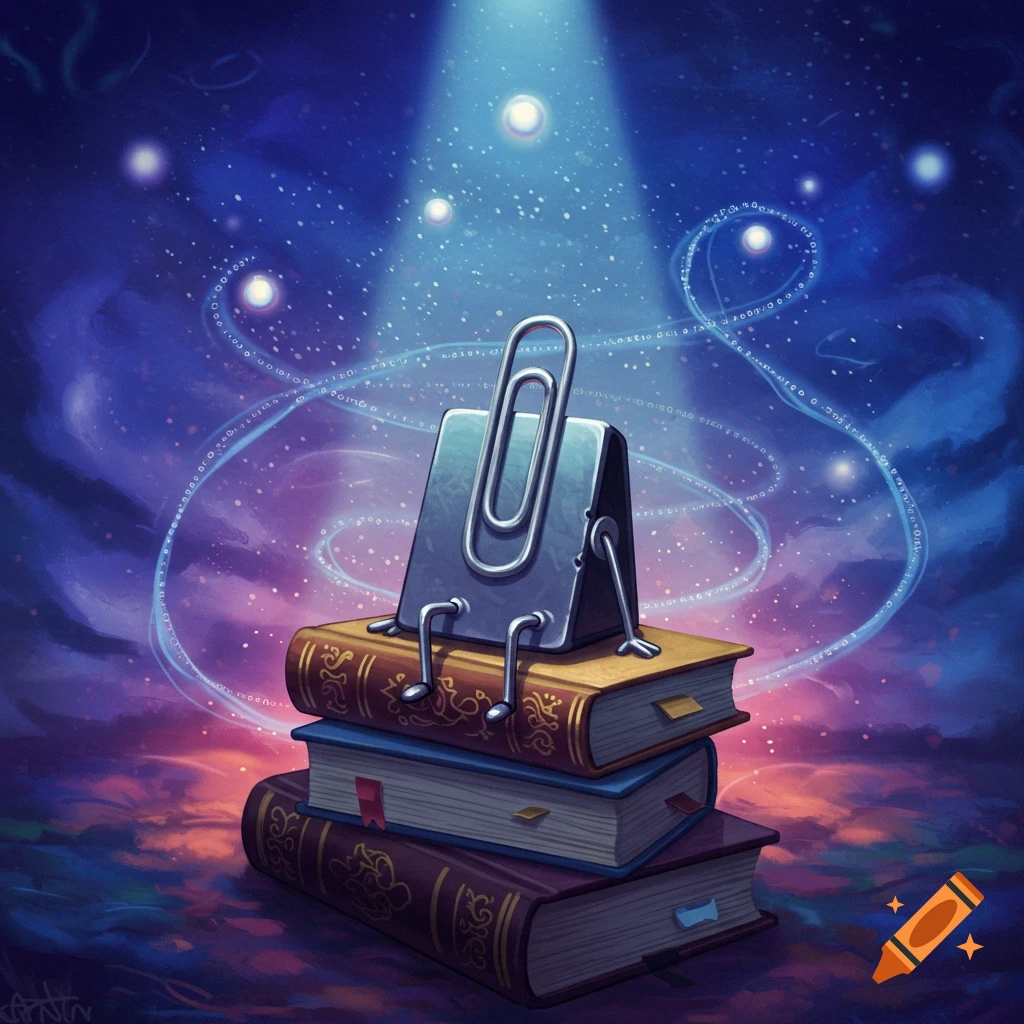 A whimsical paperclip character sits on a stack of ornate books under a spotlight in a magical, starry sky with swirling binary code.