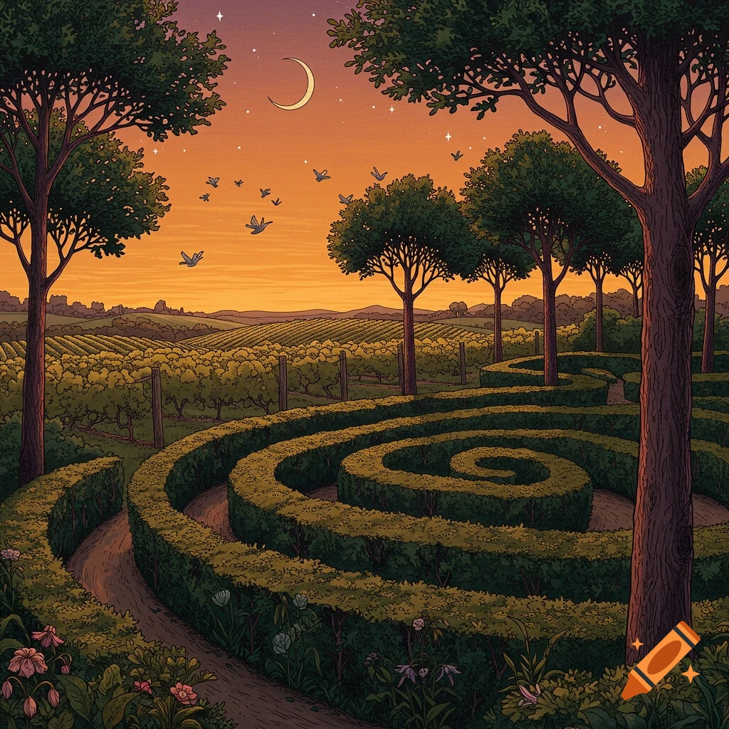 Stylized illustration of a spiraling hedge maze and vineyard at sunset, framed by trees under a crescent moon with birds.